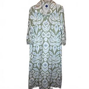 ***SOLD***Navy Bleu Green & White Ikat Cotton Maxi Dress Size M Summer Loose fit